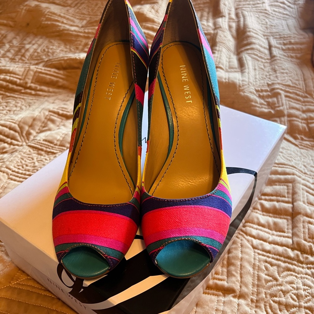 Nine West Striped Pink and Blue Peep Toe Heels
